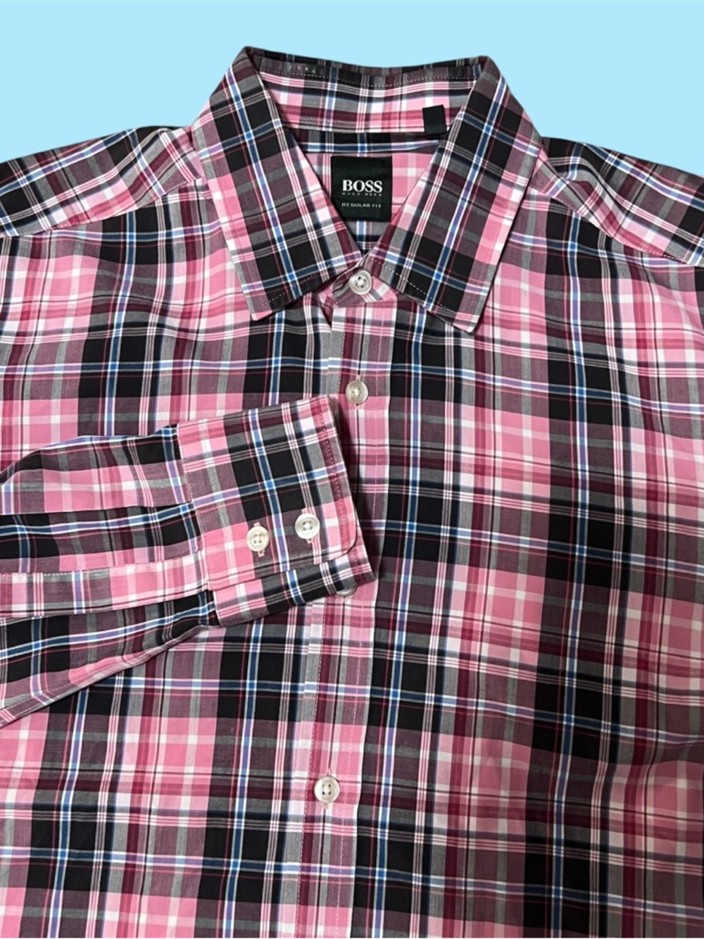 Boss by Hugo Boss Button Up Shirt Men’s Medium Pink Black White Madras Plaid
